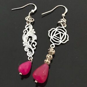 Filigree Earrings Silver Drop Dangle Beaded Handmade Pink Jade